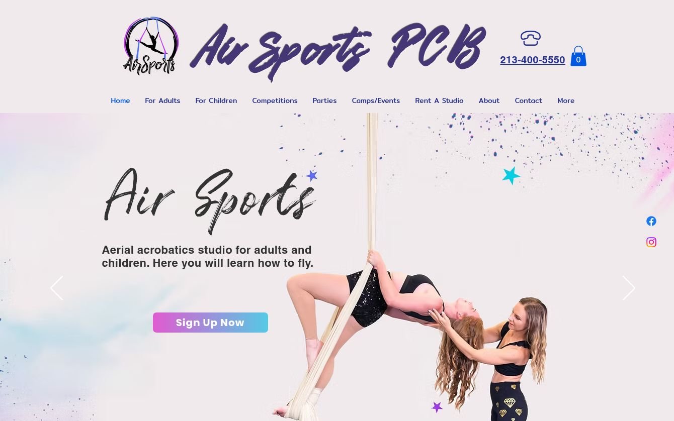 AirSports PCB website homepage showing aerial acrobatics classes
